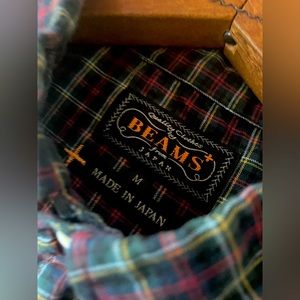 Beams Japan Men's Casual Oxford Button Down Shirt in Black Plaid (Medium)
